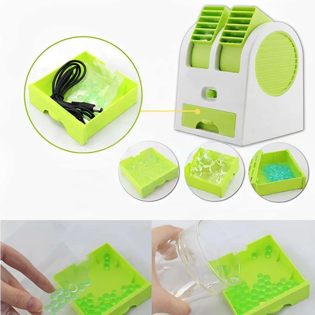 Battery-Operated Mini AC with Ice Tray – Portable 2.5W Desktop Air Cooler & Cooling Fan (Green & White)