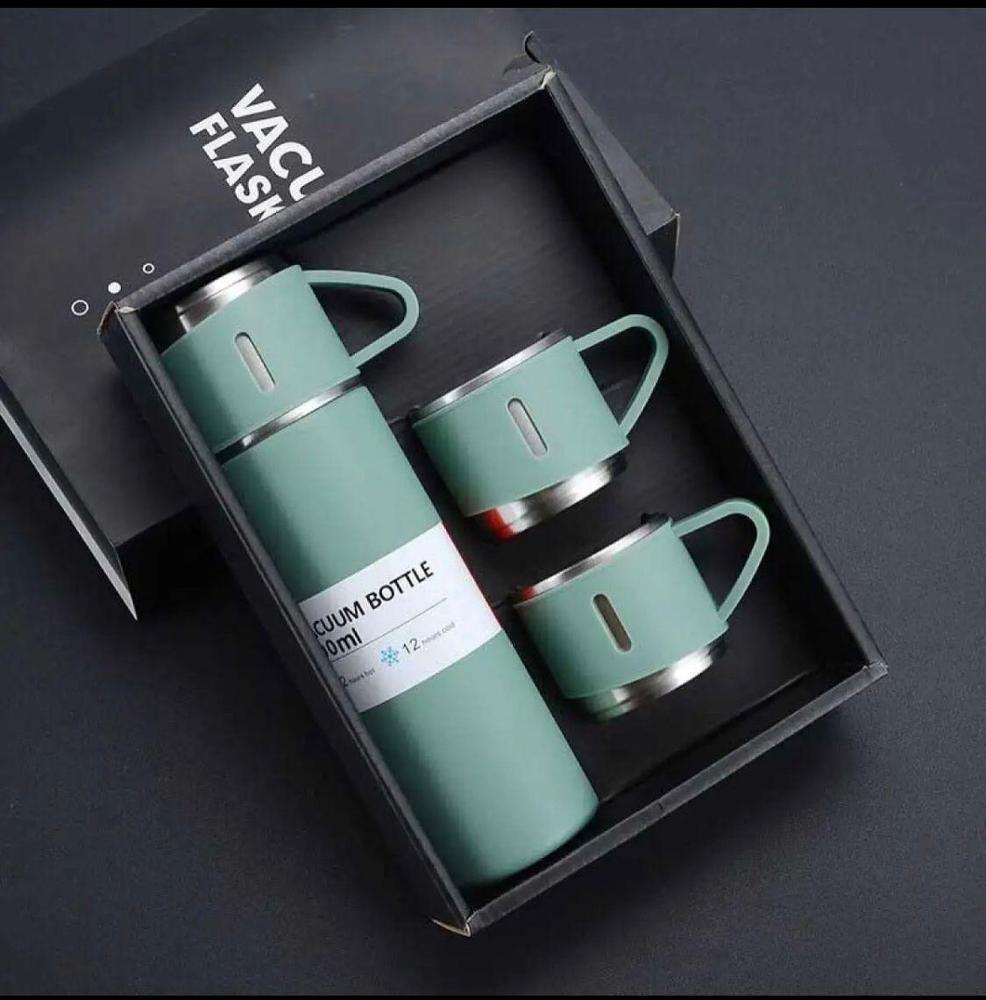 3-Piece Stainless Steel Vacuum Flask Gift Set – 12-Hour Hot & Cold Insulated Thermos Bottle with 2 Cups for Travel, Office & Camping