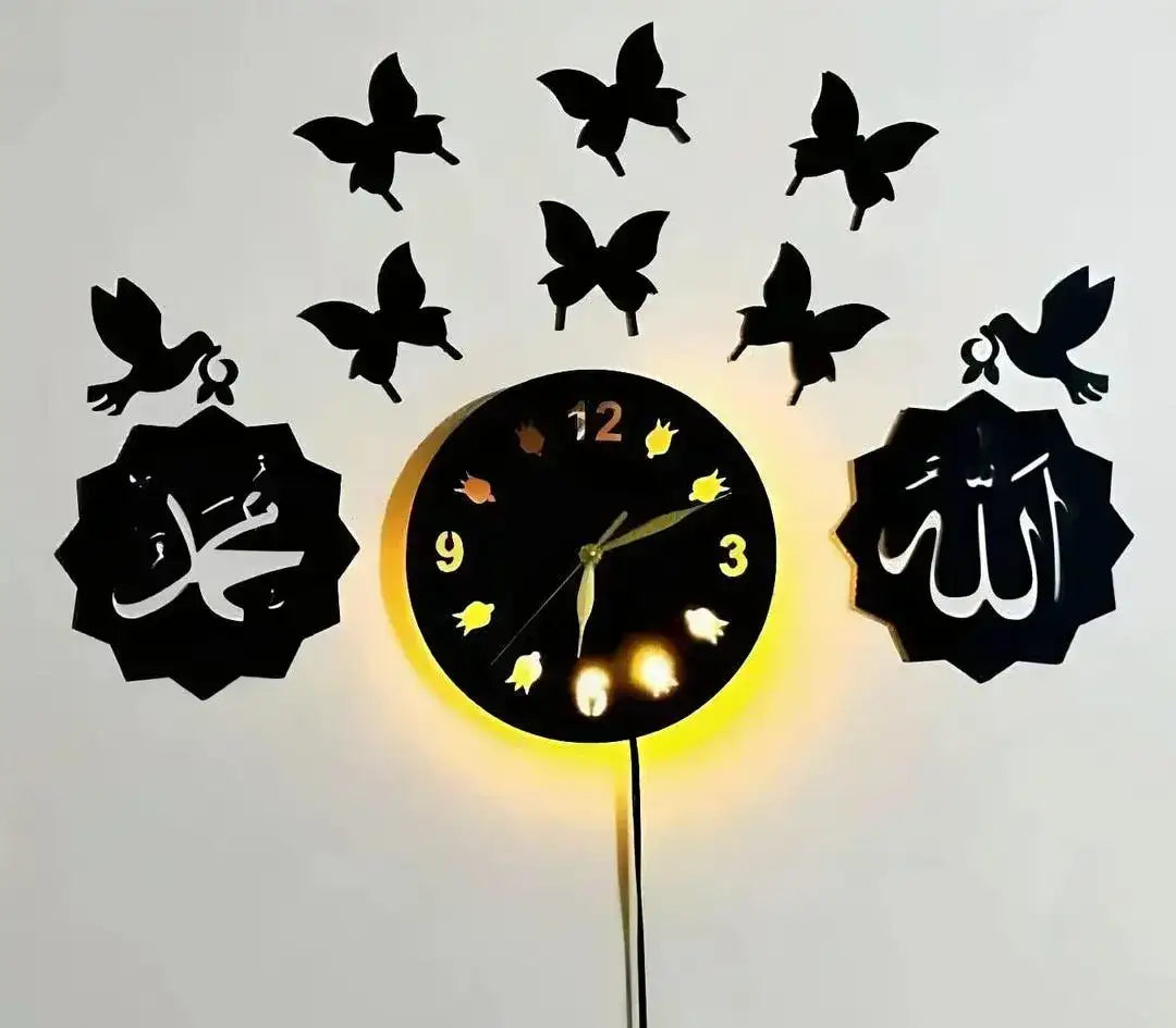3D Islamic Calligraphy Wall Clock with Backlight & Butterflies - Black MDF (24x14 Inch) - Nexamart Pakistan (image 2)