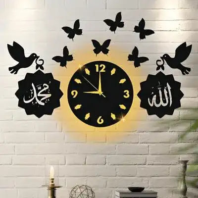 3D Islamic Calligraphy Wall Clock with Backlight & Butterflies – Black MDF (24x14 Inch)