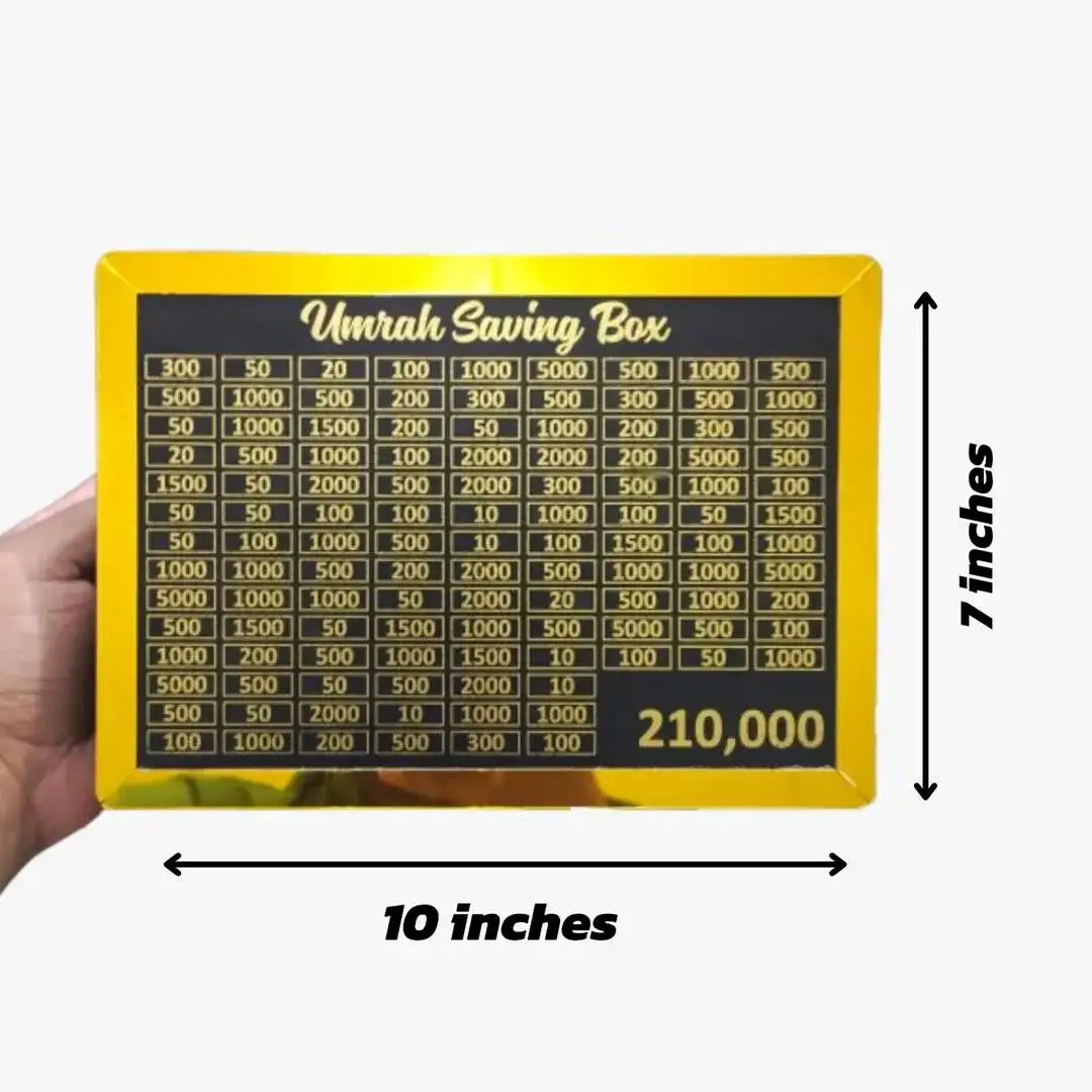 Wooden Umrah Savings Box with Golden & Black Acrylic Finish – 210K Target Savings Piggy Bank with Tracker Chart