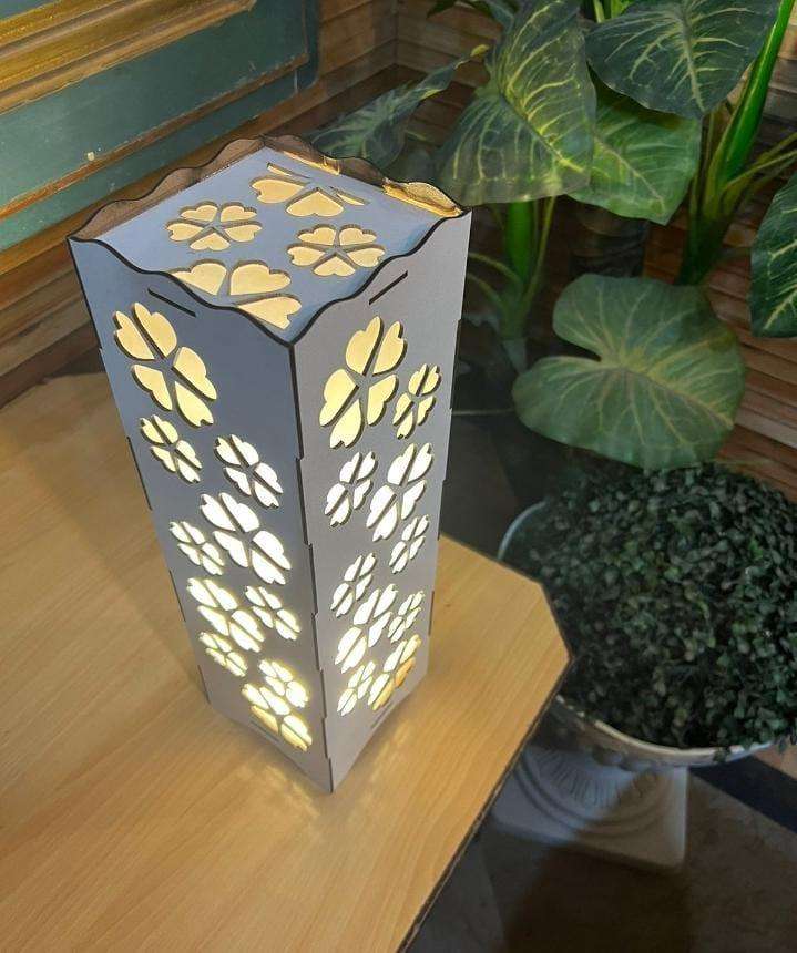 Rechargeable Wooden Table Lamp (15 Inch) – Cordless White MDF Floral Cutout Lamp with Warm Golden LED (SKU: MZ1261200169MRTS / 497385)