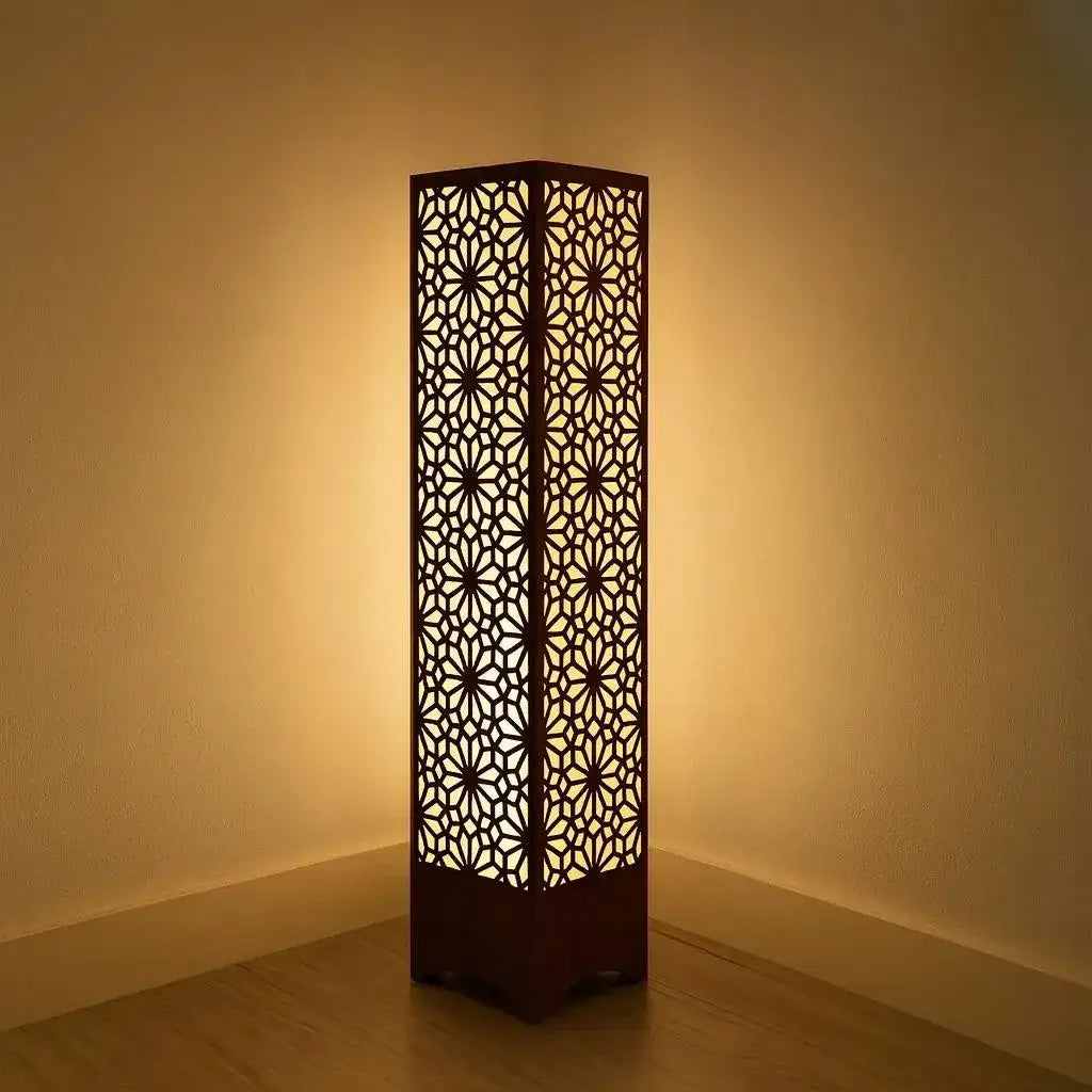 Wooden Floor Lamp with Geometric Cutouts - Dark Brown MDF Standing Lamp with Warm Golden Glow - Nexamart Pakistan (image 3)