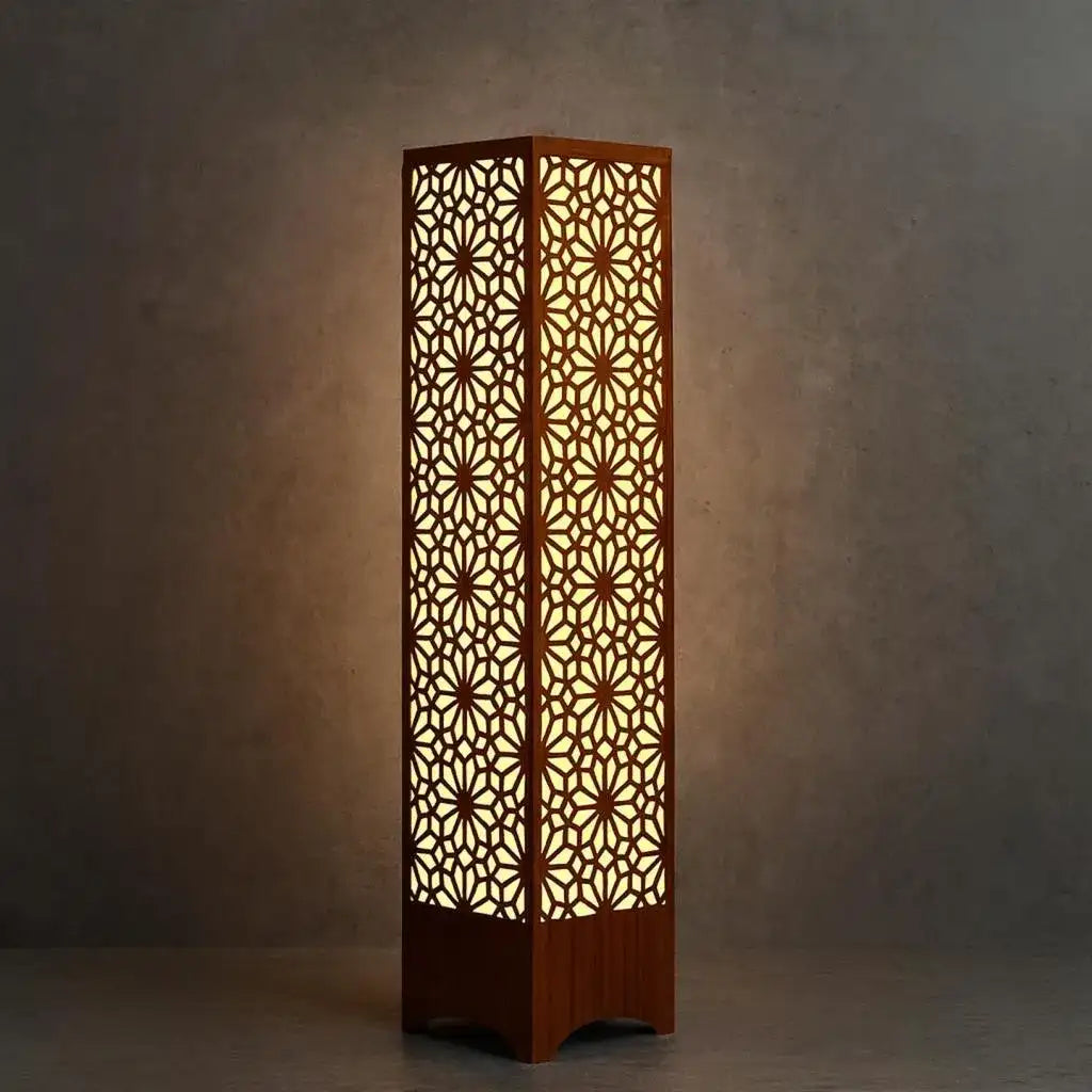 Wooden Floor Lamp with Geometric Cutouts – Dark Brown MDF Standing Lamp with Warm Golden Glow (SKU: MZ672101)