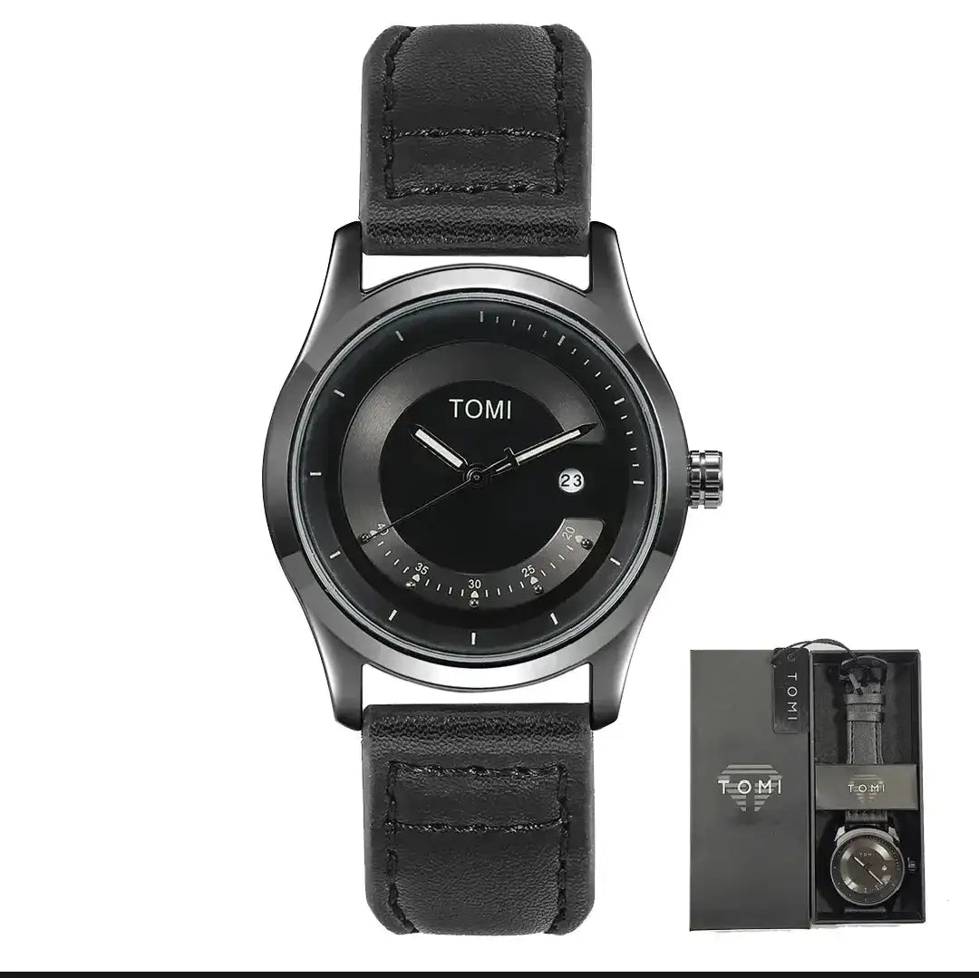 Men's Business Luxury Quartz Watch - Black Textured Leather Strap & Date Display (41mm Dial) - Nexamart Pakistan (image 2)