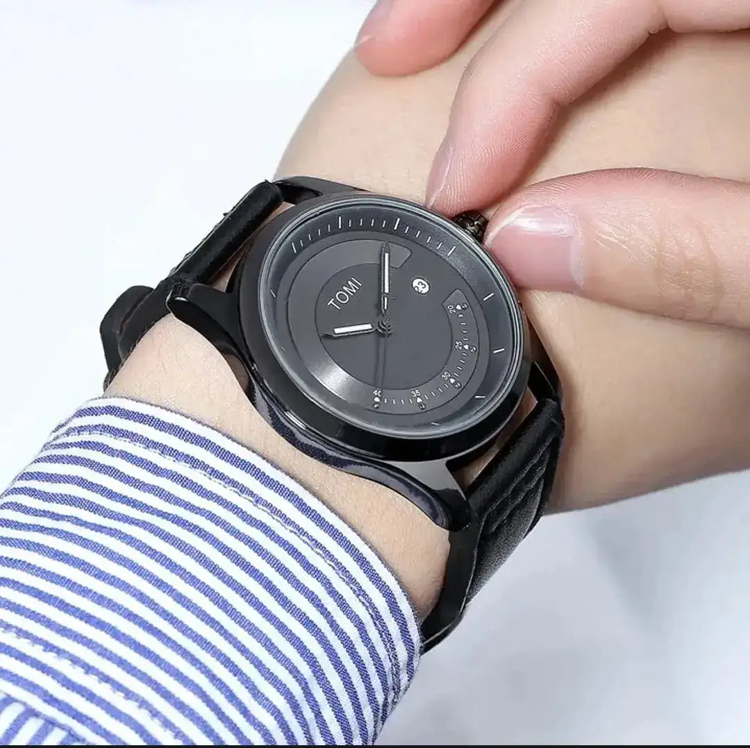 Men's Business Luxury Quartz Watch - Black Textured Leather Strap & Date Display (41mm Dial)