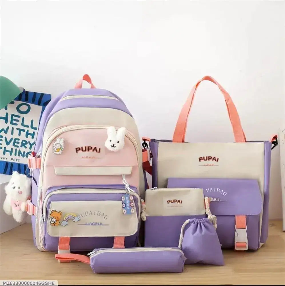 5 in 1 -Piece Canvas Backpack Combo Set for School, College, & Travel – Multi-Pocket Aesthetic Bag Bundle