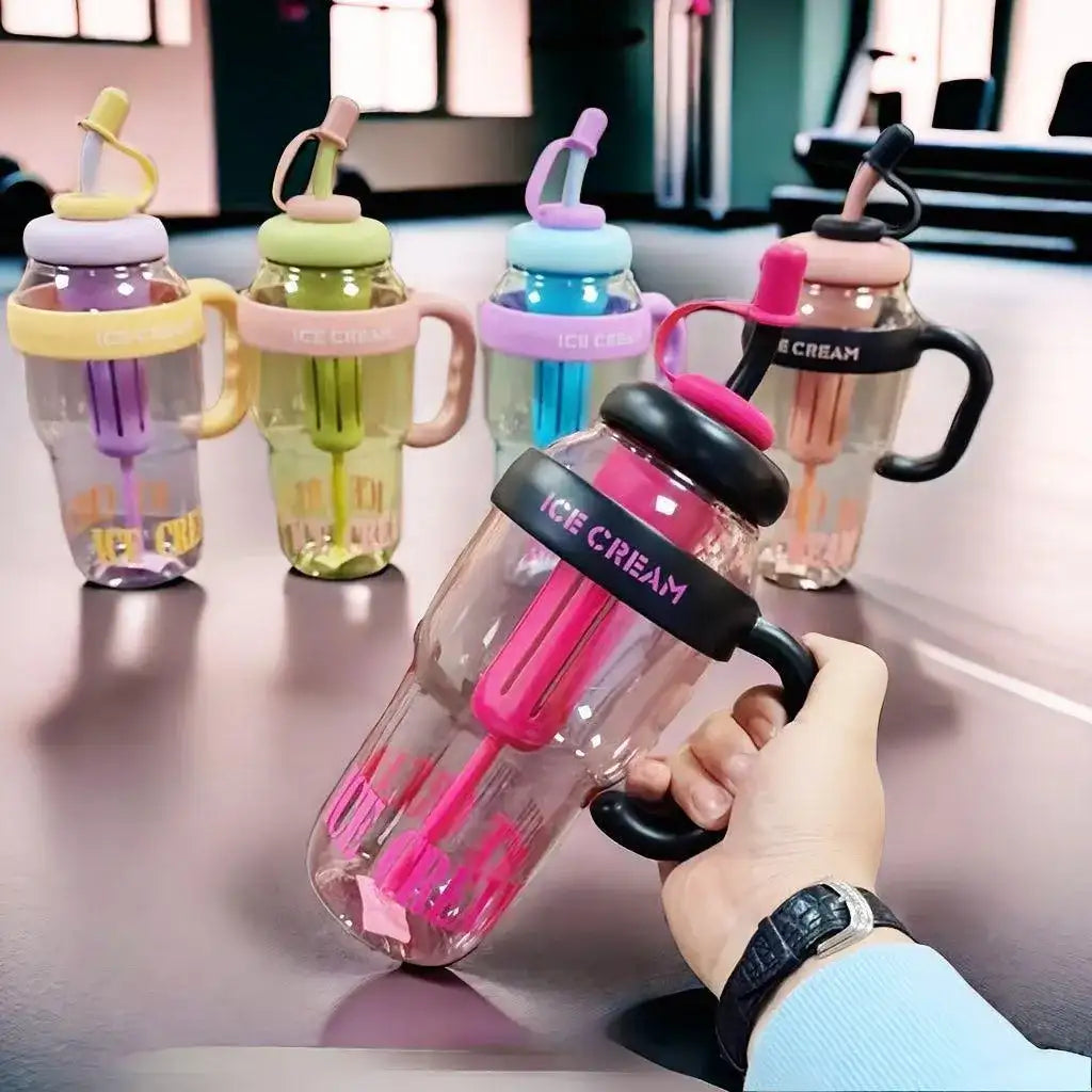 Ice Cream Print Gym Water Bottle with Straw & Handle – Leak-Proof ABS Plastic Sipper Bottle for Fitness & Travel