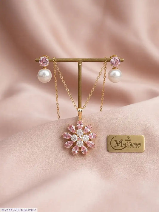 Gold Plated Crystal Pearl Pendant Set for Women - Elegant Necklace & Matching Earrings Jewelry Set - Nexamart Pakistan