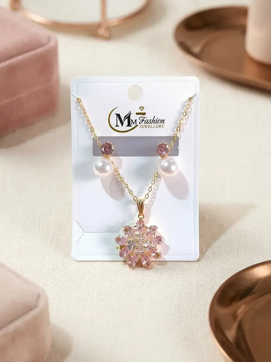 Gold Plated Crystal Pearl Pendant Set for Women - Elegant Necklace & Matching Earrings Jewelry Set - Nexamart Pakistan (image 2)
