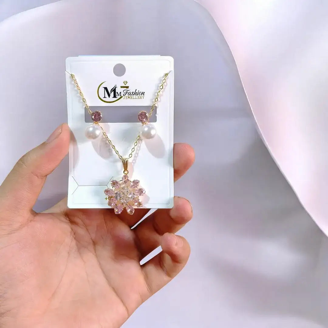 Gold Plated Crystal Pearl Pendant Set for Women - Elegant Necklace & Matching Earrings Jewelry Set - Nexamart Pakistan (image 3)