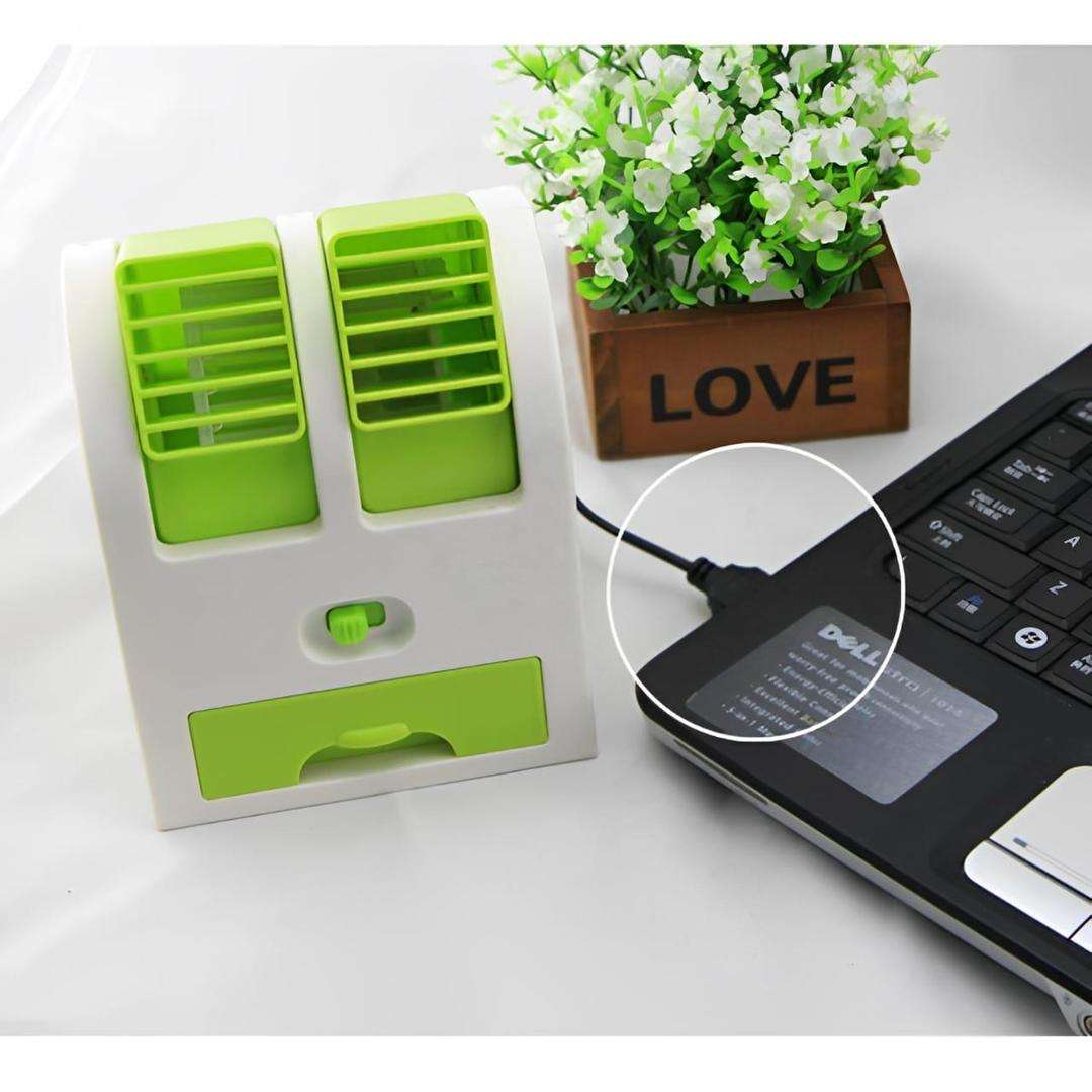Battery-Operated Mini AC with Ice Tray – Portable 2.5W Desktop Air Cooler & Cooling Fan (Green & White)