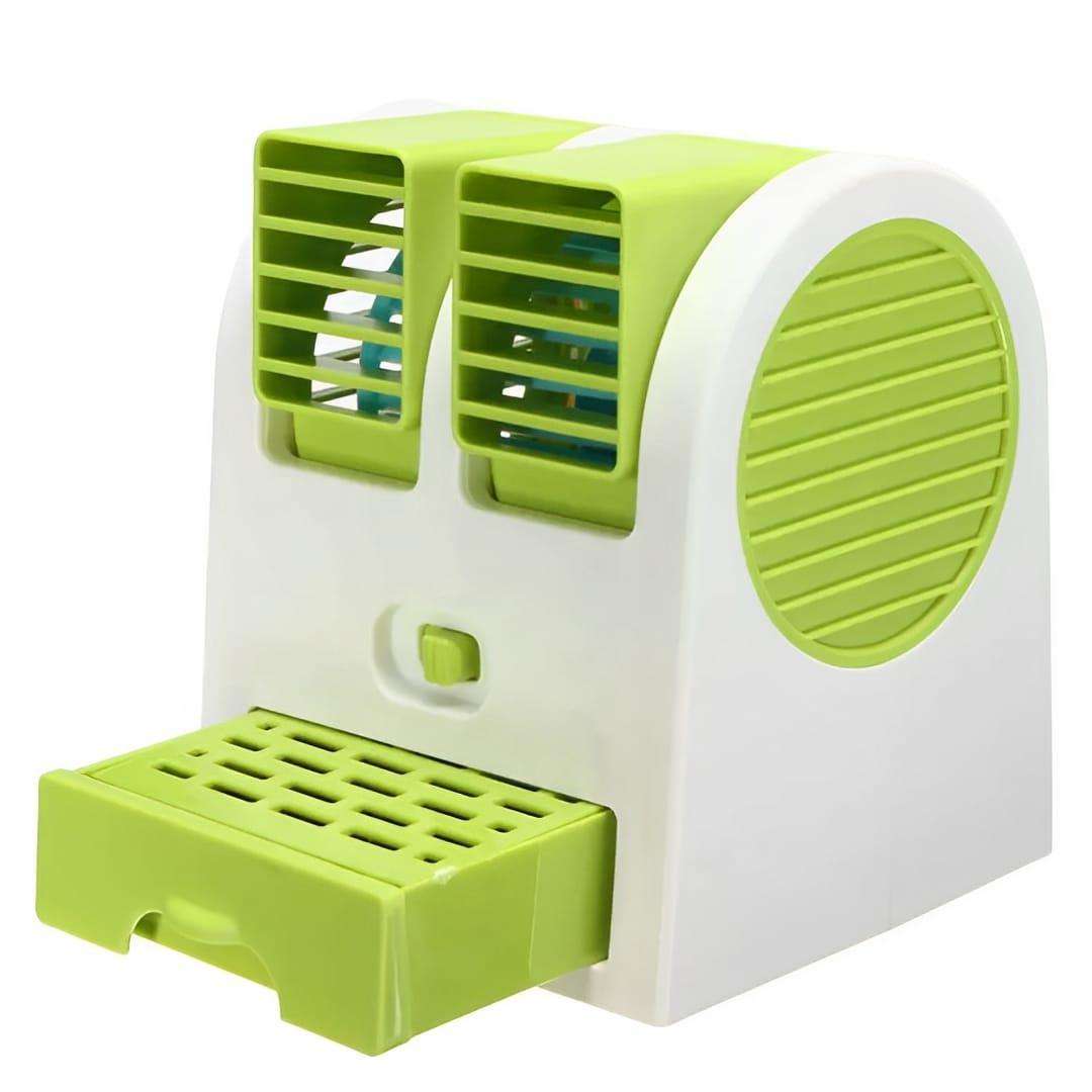 Battery-Operated Mini AC with Ice Tray – Portable 2.5W Desktop Air Cooler & Cooling Fan (Green & White)