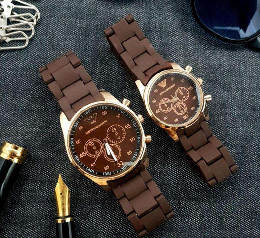 Brown Chronograph Couple Watches Set - Matching His & Hers Silicone Strap Quartz Watches (2 Pcs) - Nexamart Pakistan