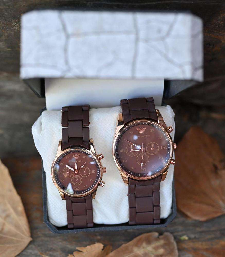 Brown Chronograph Couple Watches Set - Matching His & Hers Silicone Strap Quartz Watches (2 Pcs) - Nexamart Pakistan (image 2)