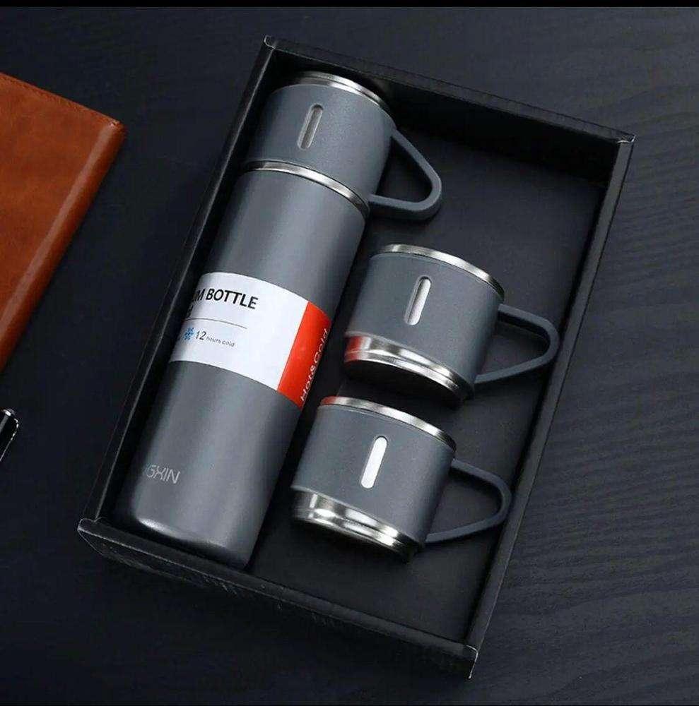 3-Piece Stainless Steel Vacuum Flask Gift Set – 12-Hour Hot & Cold Insulated Thermos Bottle with 2 Cups for Travel, Office & Camping