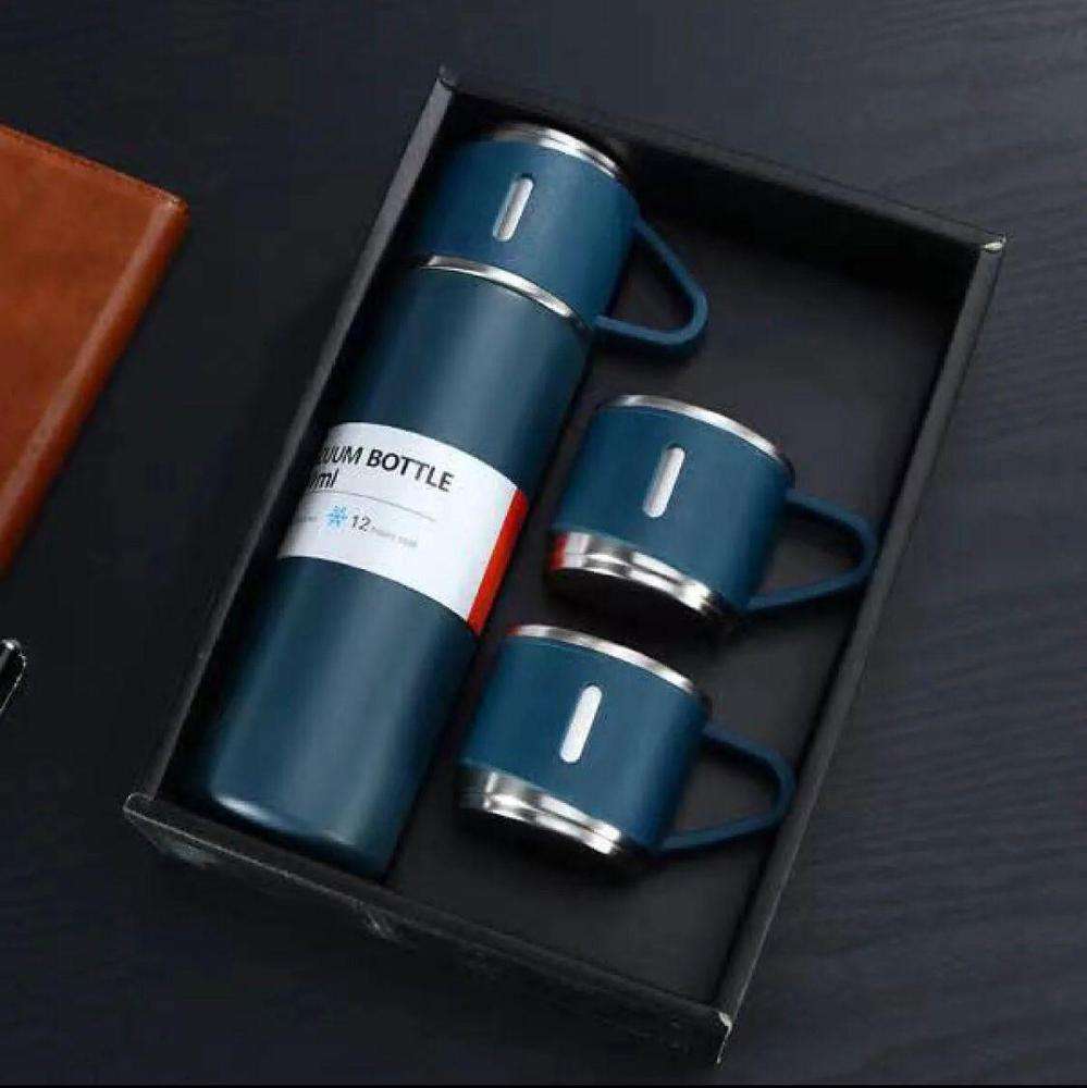 3-Piece Stainless Steel Vacuum Flask Gift Set – 12-Hour Hot & Cold Insulated Thermos Bottle with 2 Cups for Travel, Office & Camping