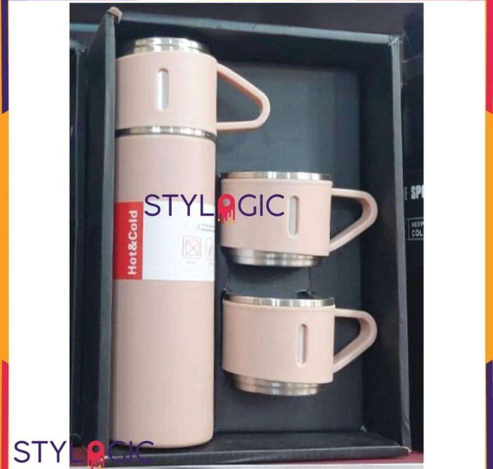 3-Piece Stainless Steel Vacuum Flask Gift Set – 12-Hour Hot & Cold Insulated Thermos Bottle with 2 Cups for Travel, Office & Camping