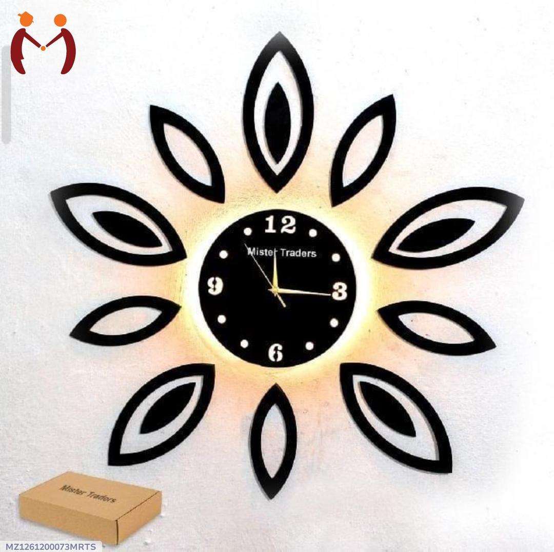3D Leaf Wall Clock Black MDF Modern Backlight Decor - 12-Hour Analog Quartz Clock - Nexamart Pakistan (image 2)