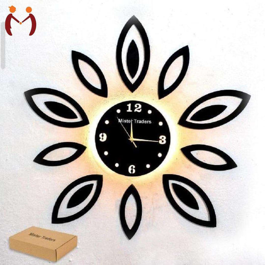 3D Leaf Wall Clock Black MDF Modern Backlight Decor - 12-Hour Analog Quartz Clock - Nexamart Pakistan