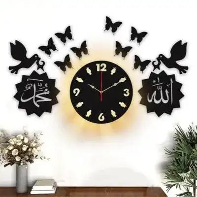 3D Islamic Calligraphy Wall Clock, Butterfly Edition - Black MDF (24x14 Inch) - Nexamart Pakistan
