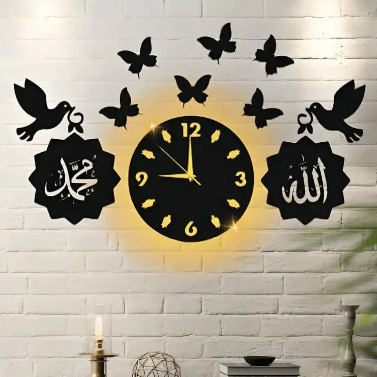 3D Islamic Calligraphy Wall Clock with Backlight & Butterflies - Black MDF (24x14 Inch) - Nexamart Pakistan (image 3)