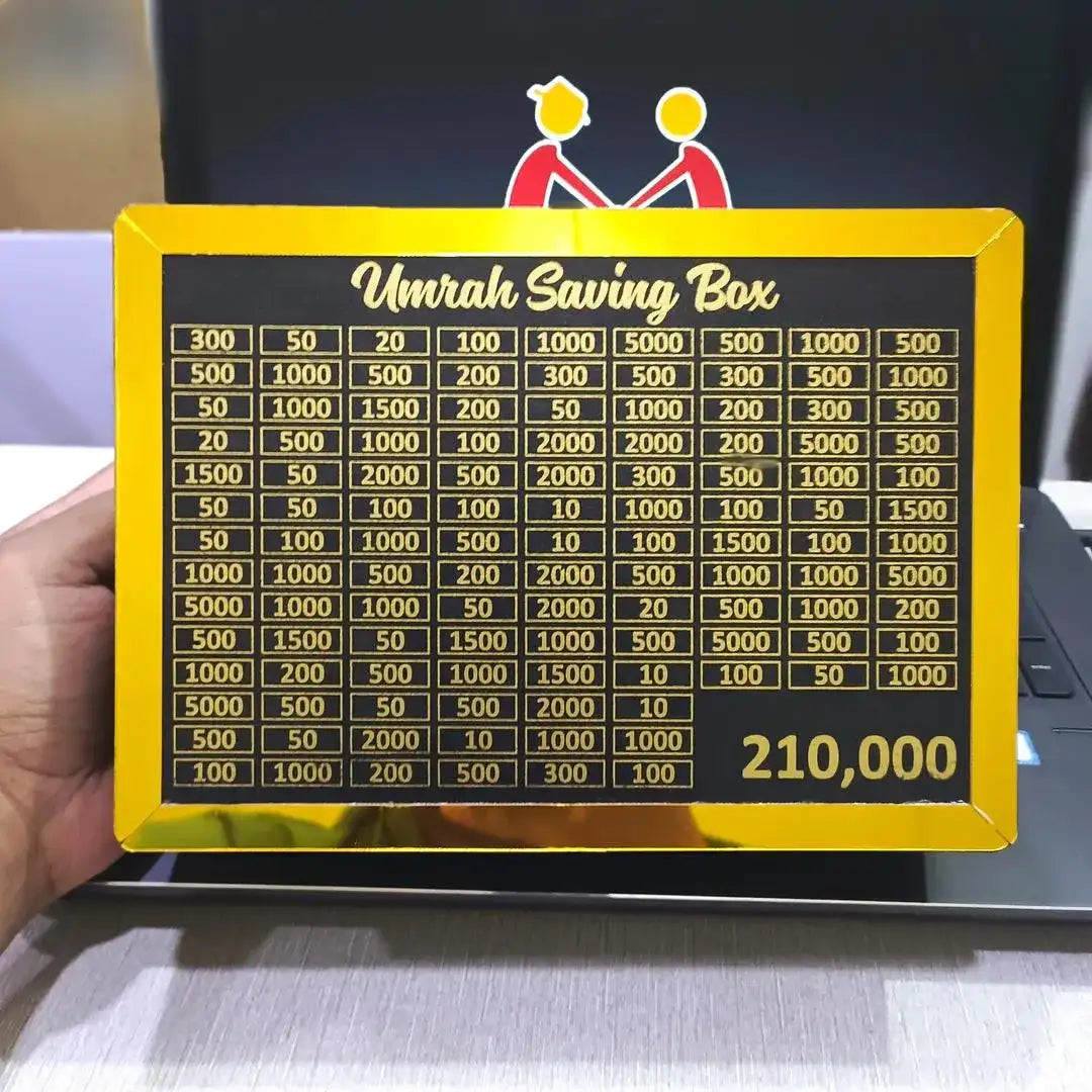 Wooden Umrah Savings Box with Golden & Black Acrylic Finish – 210K Target Savings Piggy Bank with Tracker Chart