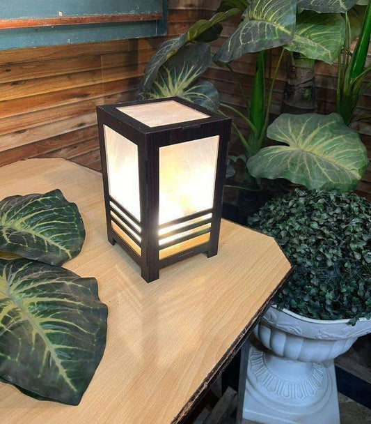 Rechargeable Wooden Table Lamp (8x5 Inch) - Cordless Black MDF Desk Lamp with Warm Golden Glow - Nexamart Pakistan