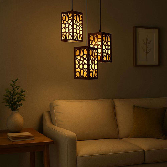 Golden Wooden Pendant Light (40 Inch Wire) - Dark Brown MDF Laser Cut Ceiling Hanging Lamp - Nexamart Pakistan