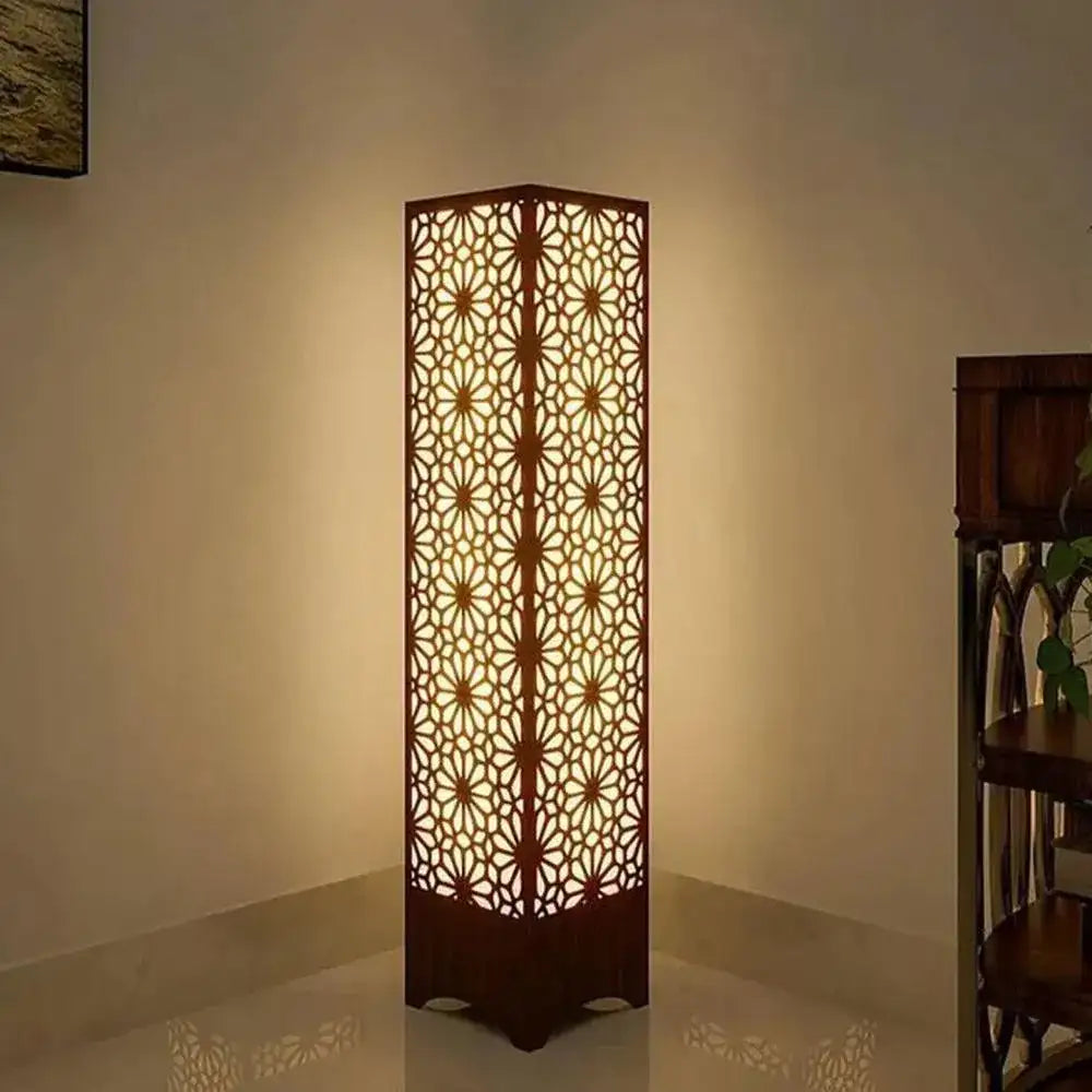 Wooden Floor Lamp with Geometric Cutouts - Dark Brown MDF Standing Lamp with Warm Golden Glow - Nexamart Pakistan