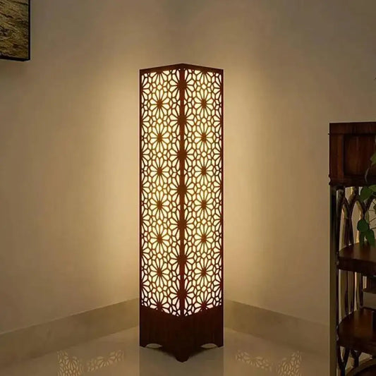 Wooden Floor Lamp with Geometric Cutouts - Dark Brown MDF Standing Lamp with Warm Golden Glow - Nexamart Pakistan