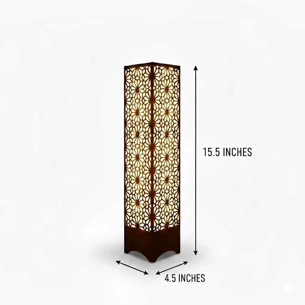 Wooden Floor Lamp with Geometric Cutouts - Dark Brown MDF Standing Lamp with Warm Golden Glow - Nexamart Pakistan (image 2)