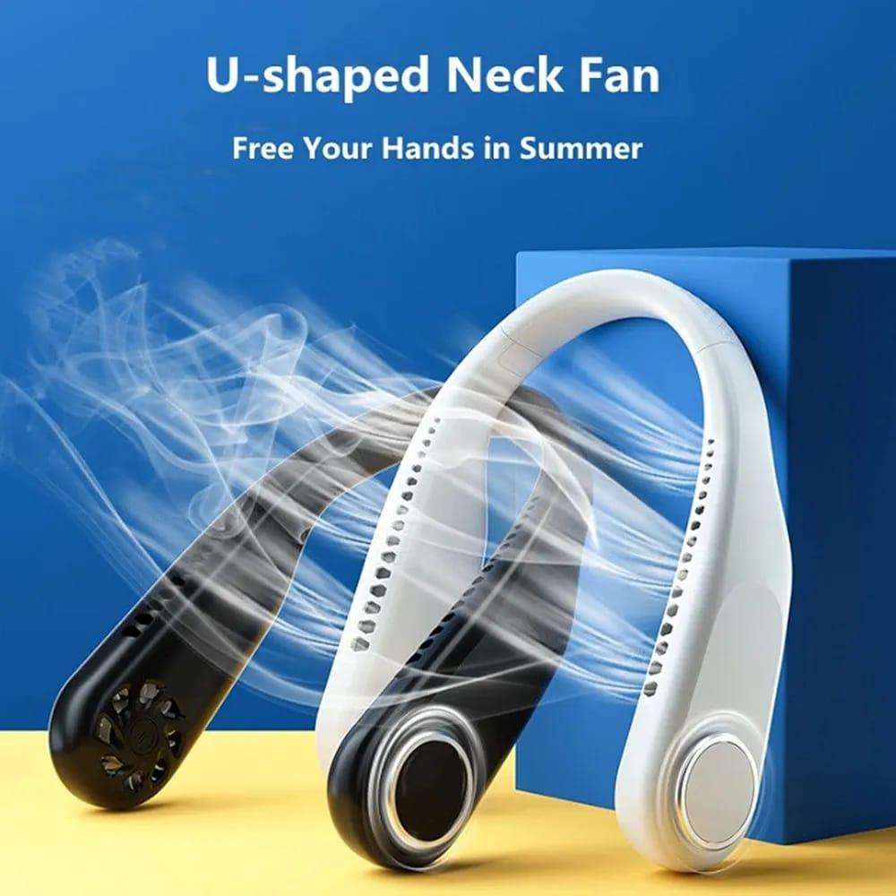 U-Shaped Hands-Free Neck Fan – Rechargeable Lightweight Wearable Cooling Fan (Black & White ABS)