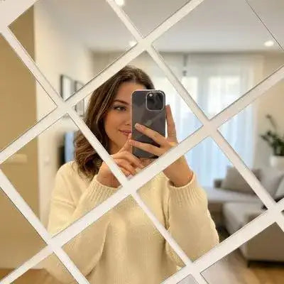 12 Pcs Acrylic Mirror Wall Decor Stickers - Self-Adhesive Square Mirror Tiles (Golden & Silver) - Nexamart Pakistan
