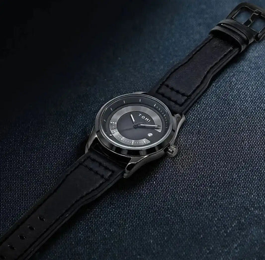 Men's Business Luxury Quartz Watch - Black Textured Leather Strap & Date Display (41mm Dial) - Nexamart Pakistan
