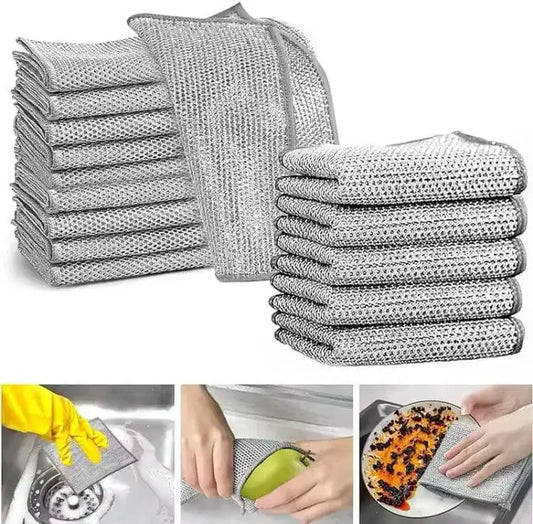 Stainless Steel Dishwashing Cloths Silver - Set of 3 | Magic Wire Cleaning Cloth for Kitchen Non-Scratch Grease Remover - Nexamart Pakistan