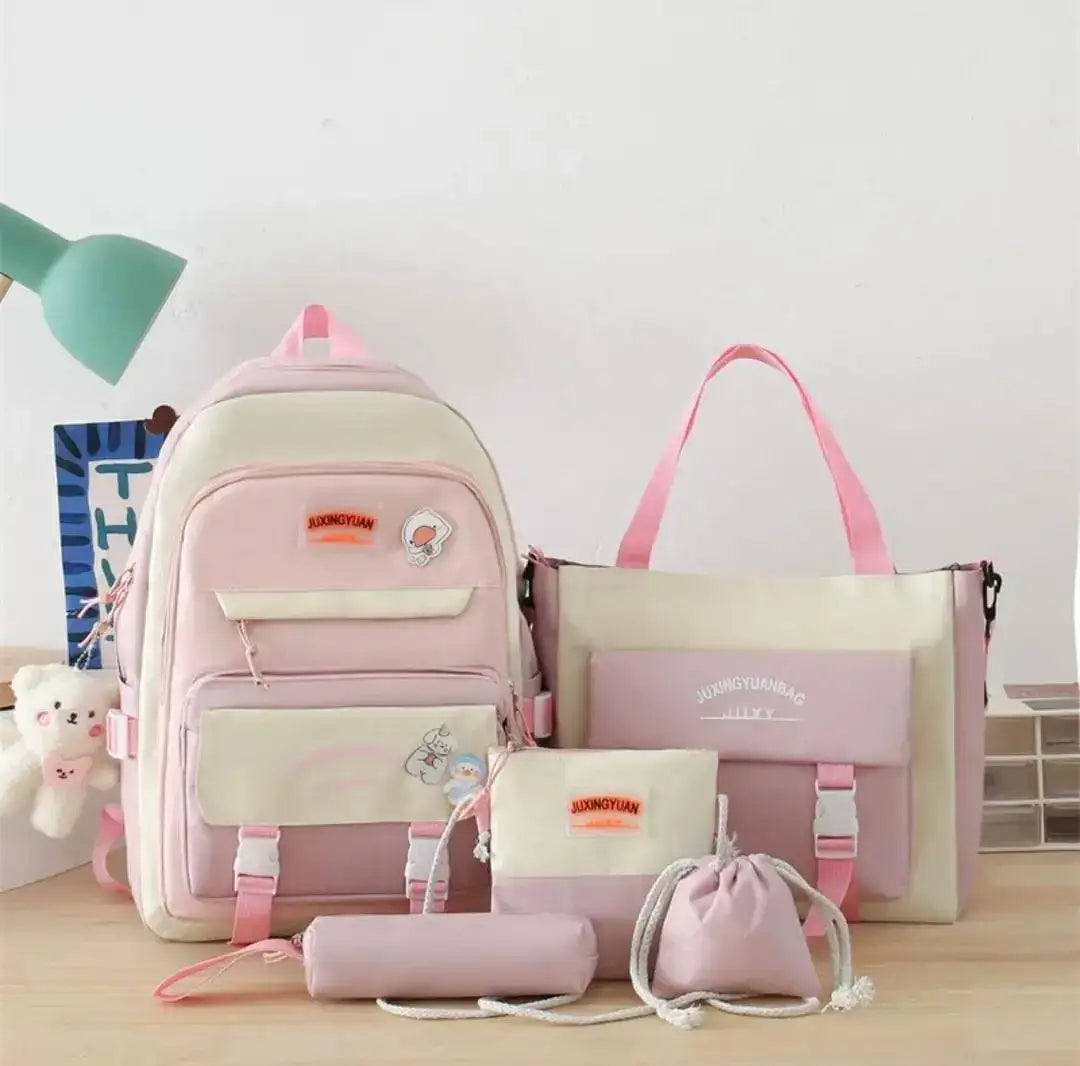 5 in 1 -Piece Canvas Backpack Combo Set for School, College, & Travel – Multi-Pocket Aesthetic Bag Bundle