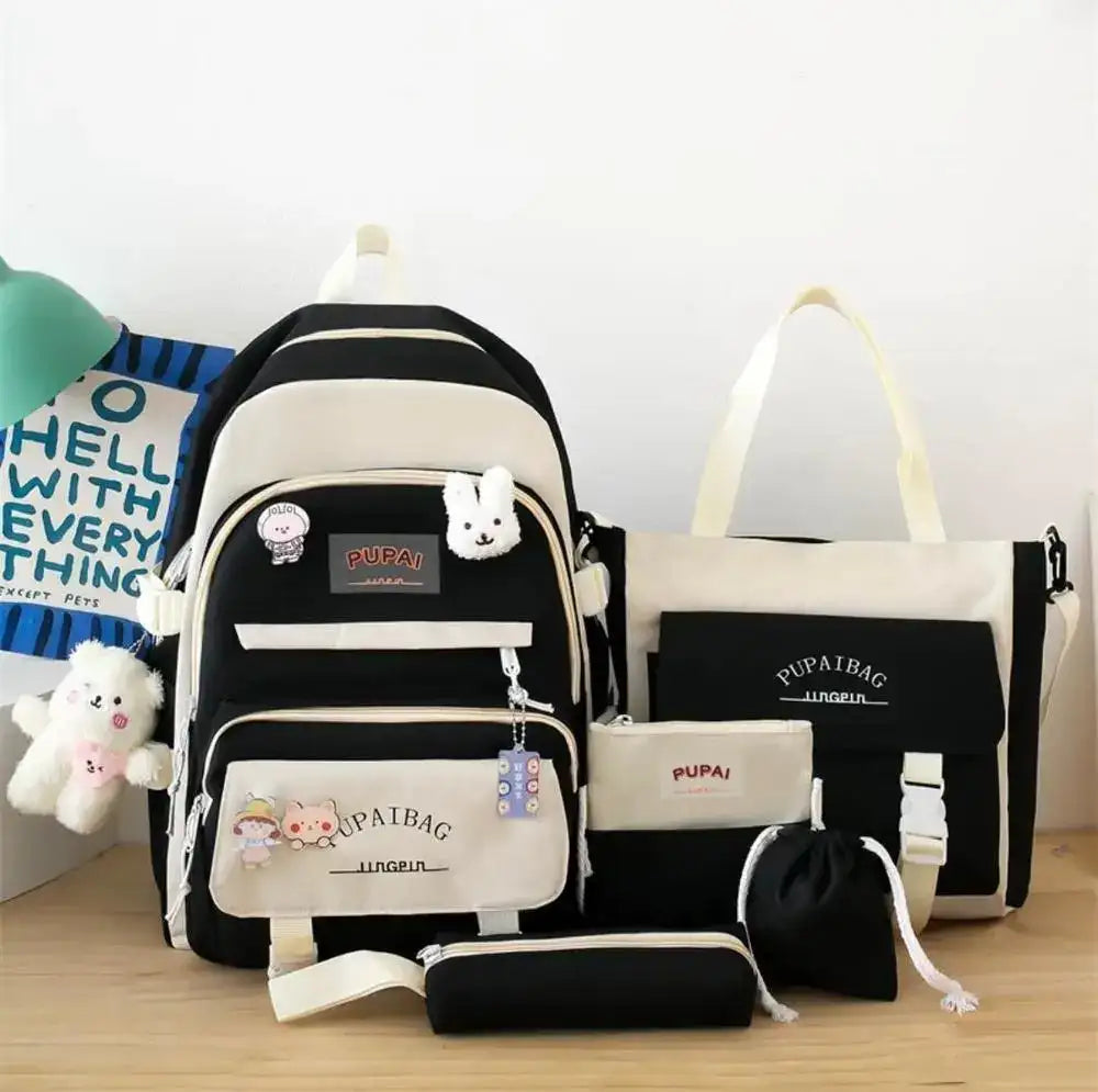 5 in 1 -Piece Canvas Backpack Combo Set for School, College, & Travel – Multi-Pocket Aesthetic Bag Bundle