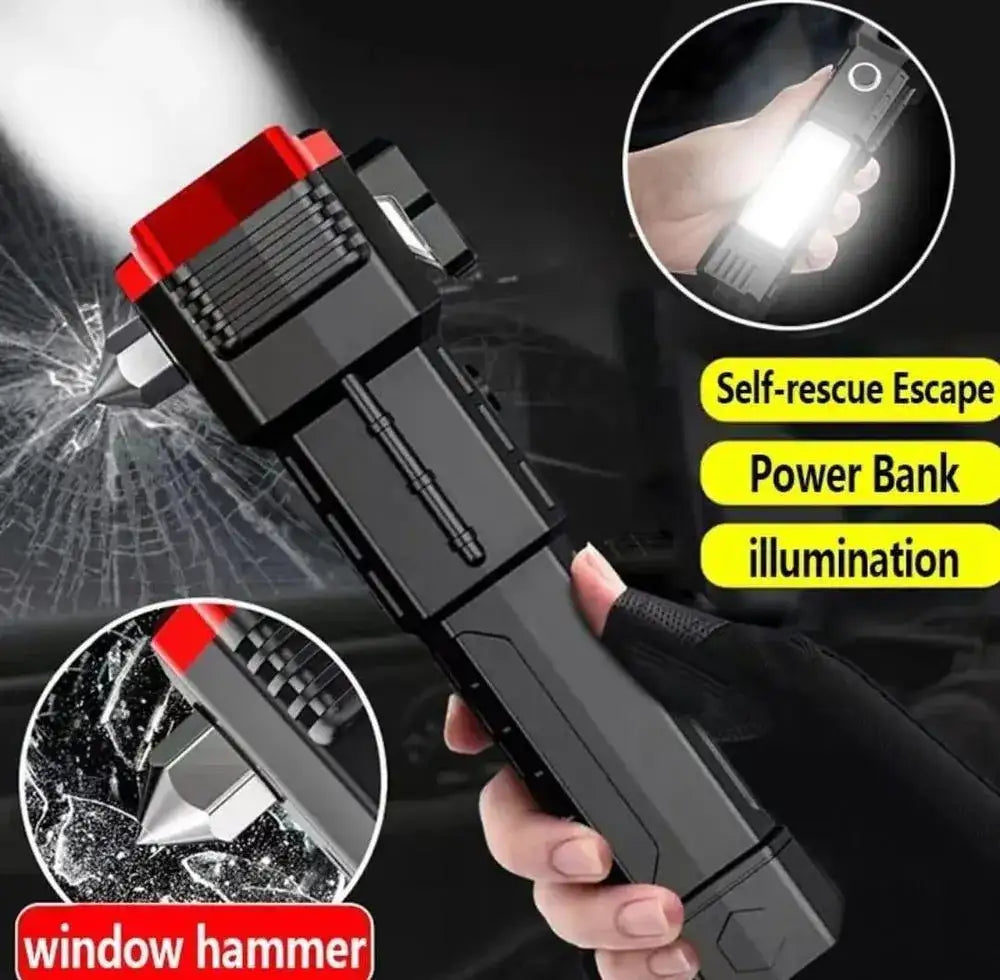 USB Rechargeable LED Flashlight with Safety Hammer - Multipurpose Emergency Torch & Window Breaker (Black) - Nexamart Pakistan