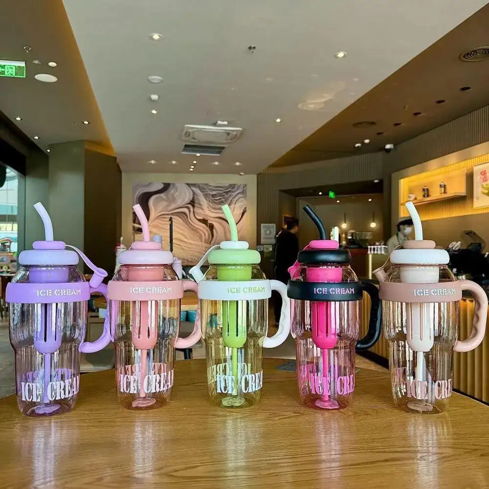 Ice Cream Print Gym Water Bottle with Straw & Handle – Leak-Proof ABS Plastic Sipper Bottle for Fitness & Travel