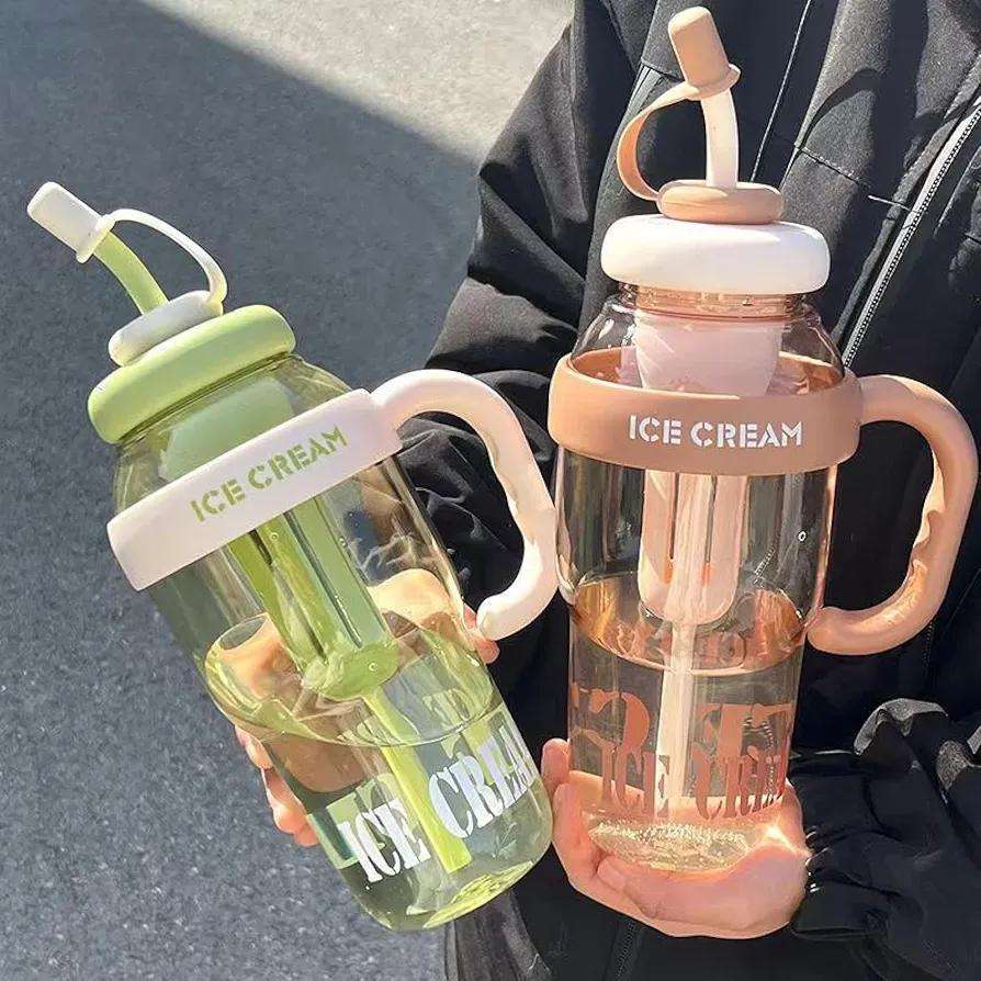Ice Cream Print Gym Water Bottle with Straw & Handle – Leak-Proof ABS Plastic Sipper Bottle for Fitness & Travel