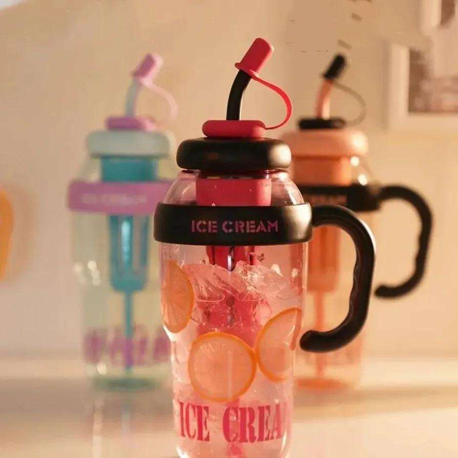 Ice Cream Print Gym Water Bottle with Straw & Handle – Leak-Proof ABS Plastic Sipper Bottle for Fitness & Travel