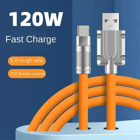 OKS 120W Fast Charging Cable - Premium Liquid Silicone Type-C Data & Sync Cord (Orange) - Nexamart Pakistan