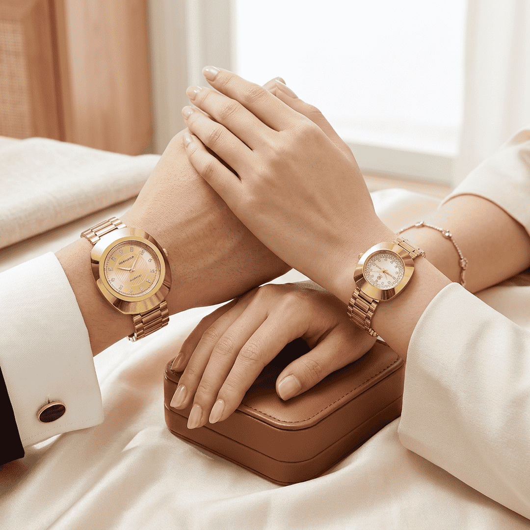 Rose Gold Stainless Steel Couple Watches Set – Matching Analog Quartz Wristwatches for Couples