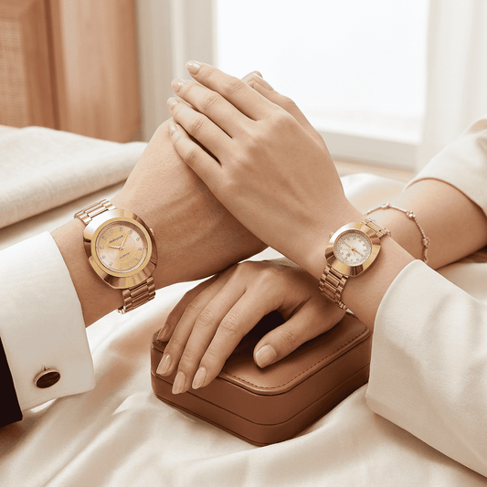 Rose Gold Stainless Steel Couple Watches Set – Matching Analog Quartz Wristwatches for Couples